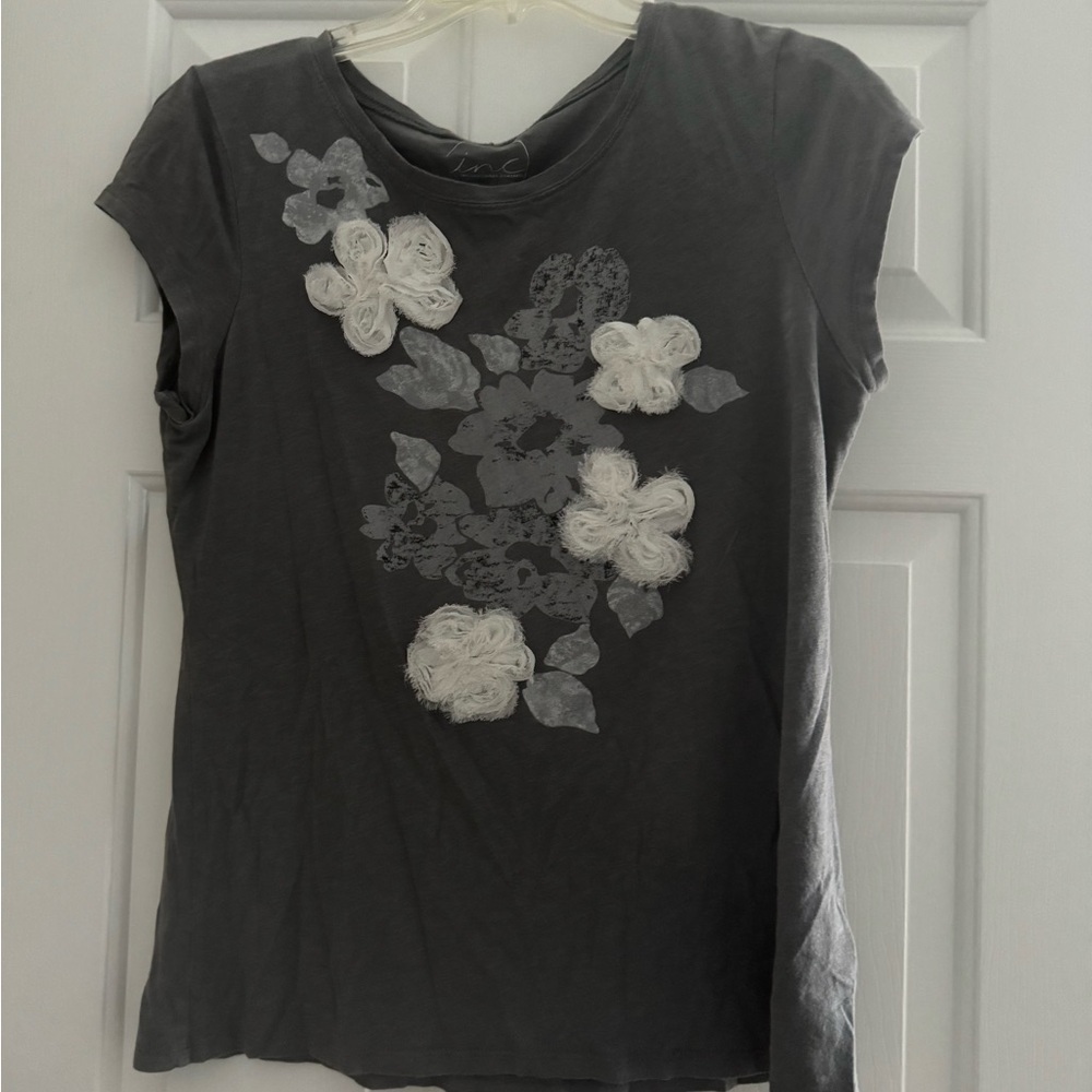 INC International Concepts Gray Embellished Short Sleeve T-Shirt